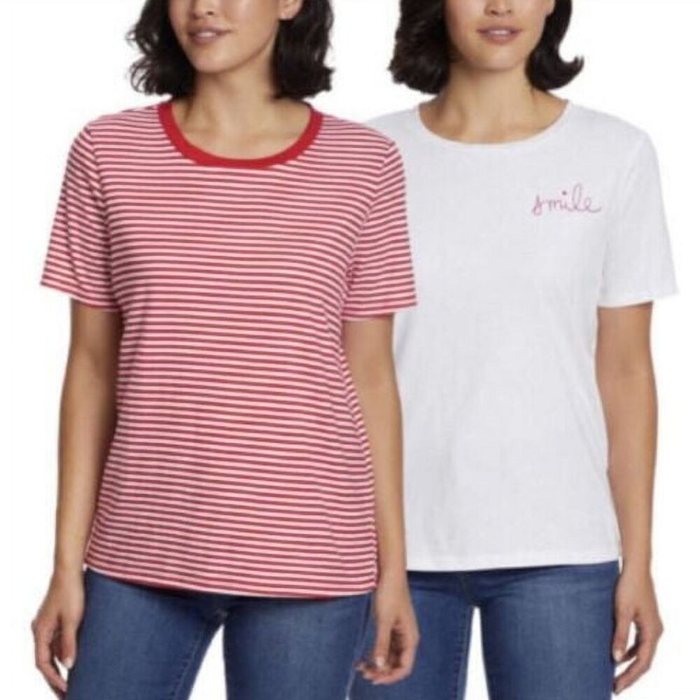 Ella Moss Flattering Fit Ultra Soft Perfect Tee 2-Pack (Red/White Stripe, Large)